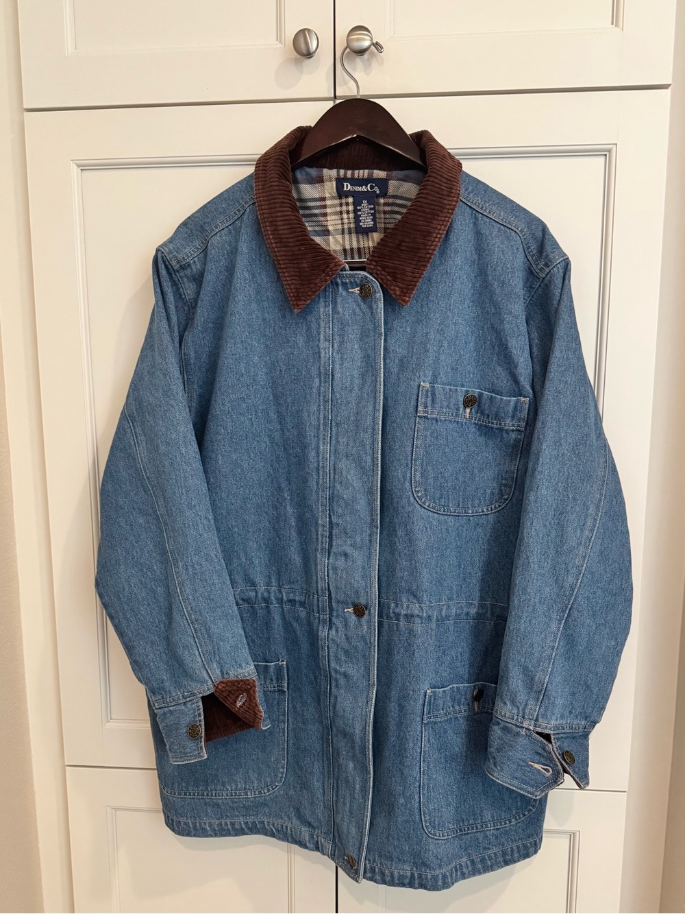 Vintage 90’s Denim Co. Plaid-Lined Denim Barn/Chore Jacket Blue & Brown Like New - Picture 2 of 8